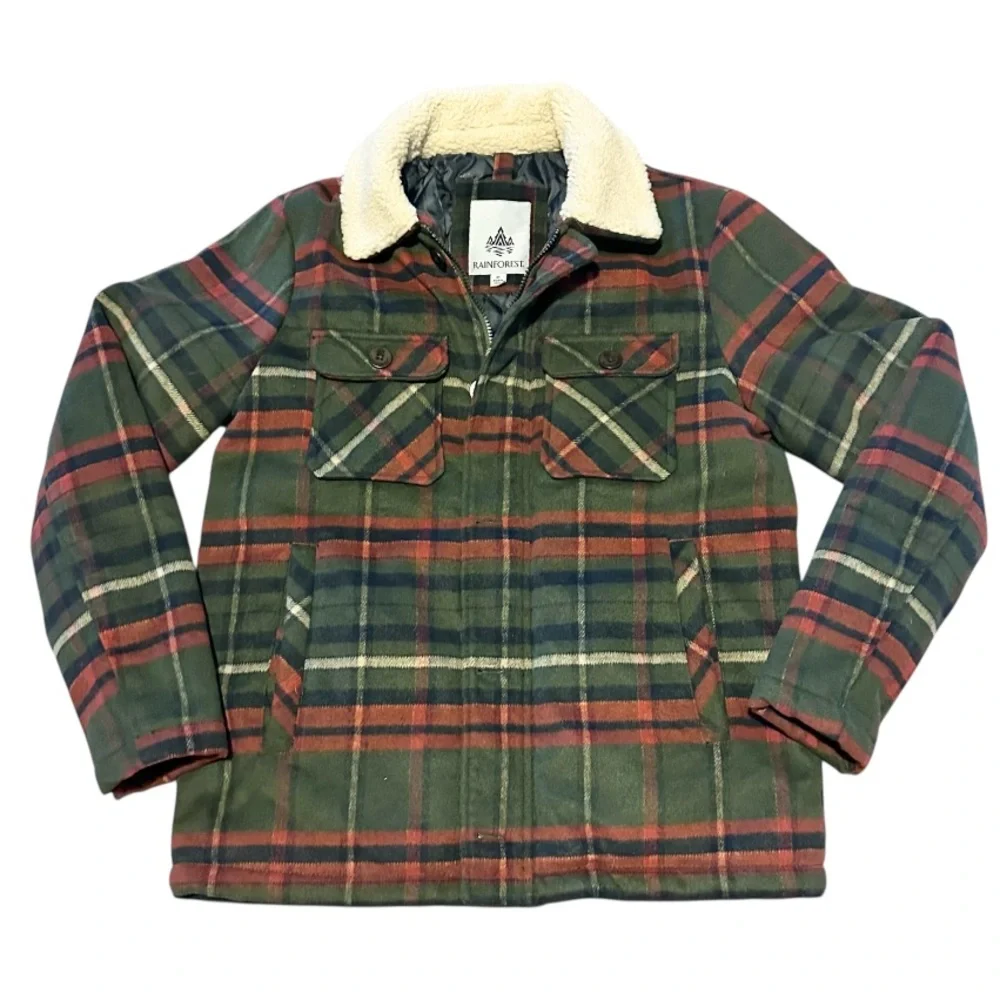 Men’s Sherpa Lined Plaid Flannel Jacket Rainforest Medium M